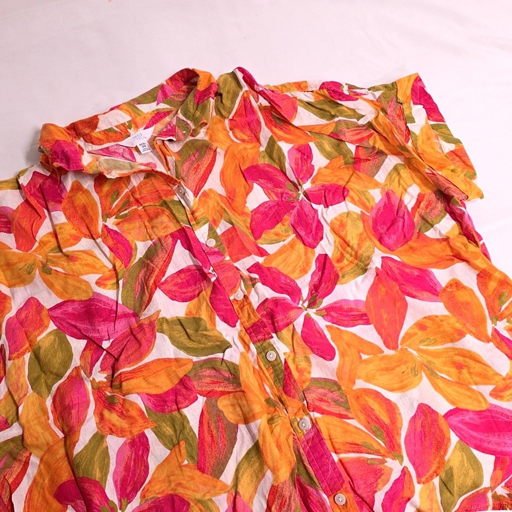 Time and Tru Button Down Women XXXL 22 Pink Orange Floral Linen Blend Tropical